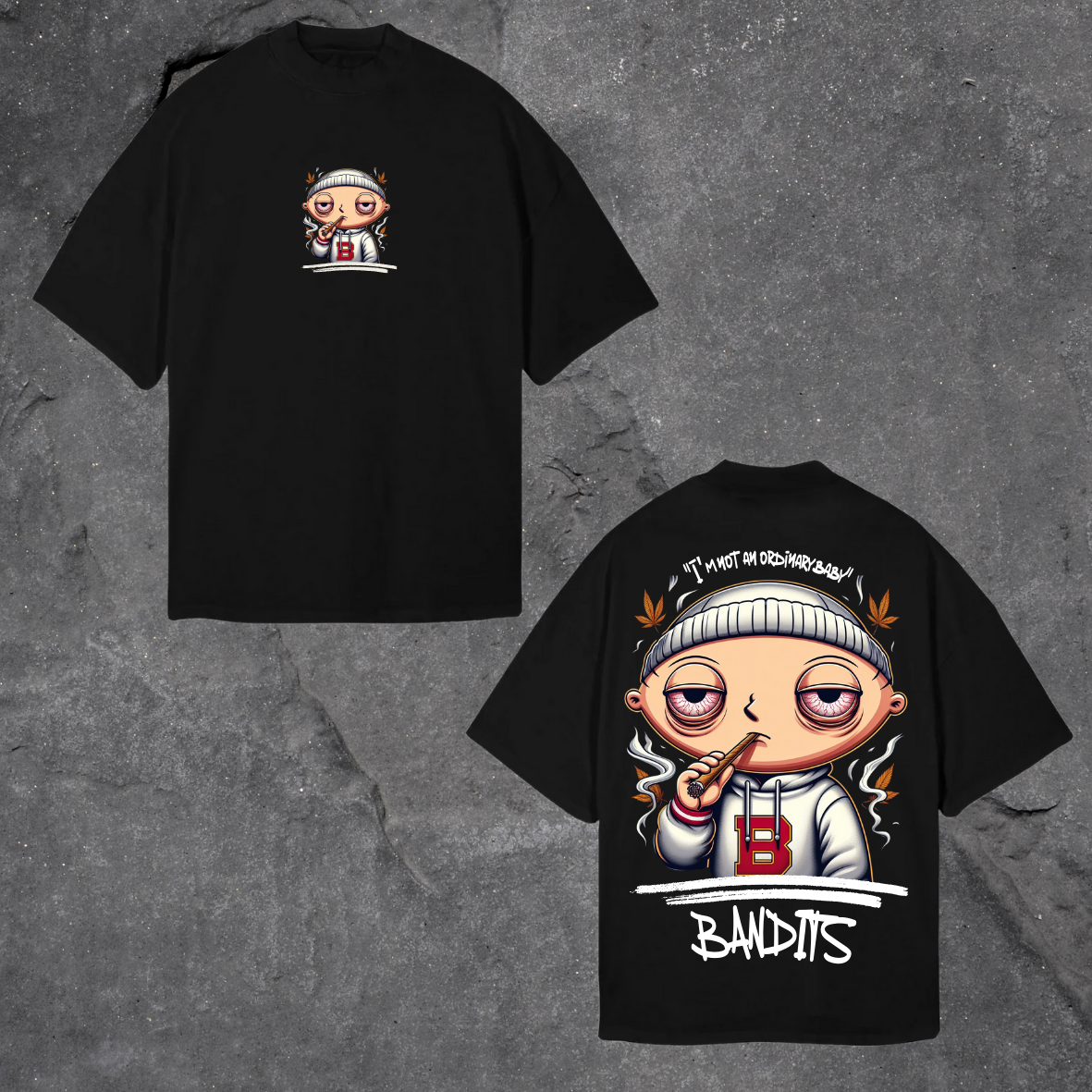 Camiseta negra oversize -Stewie smoke white